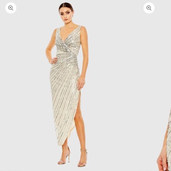 $398 MAC DUGGAL Silver Sequined Faux Wrap Sleeveless Midi Dress NWT - Picture 1 of 7